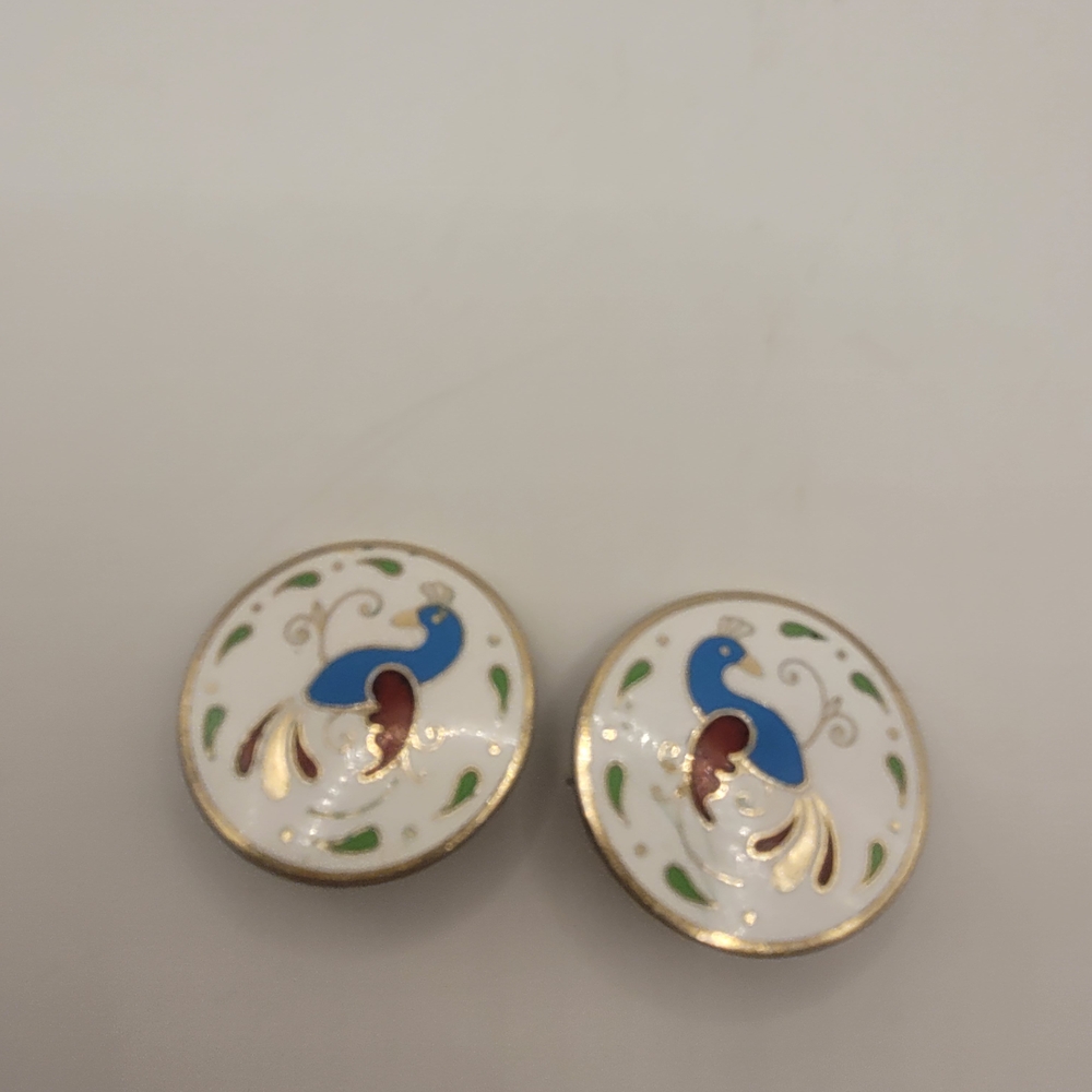 Vintage Dutch Style Cloisonne Enameled Round Peacock Clip Earrings